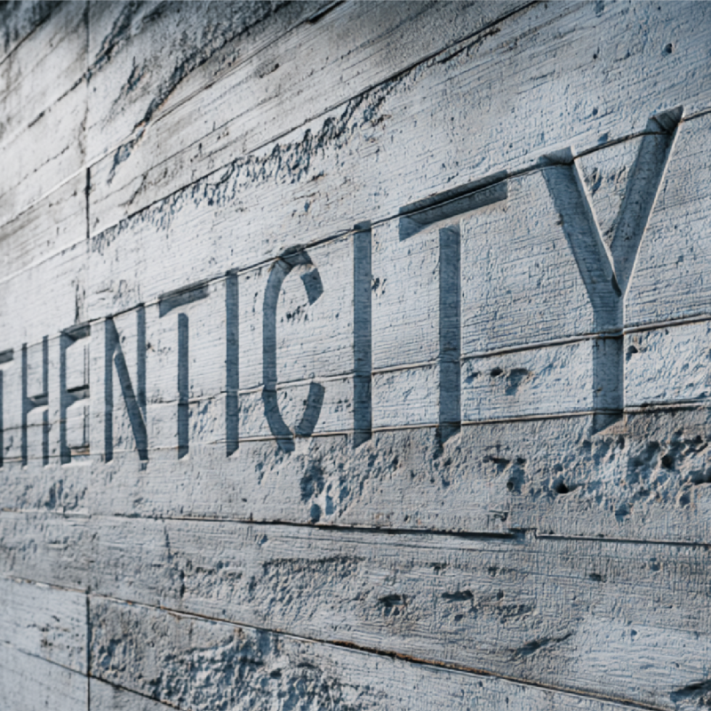 Concrete wall with the word “AUTHENTICITY” engraved into it, representing authentic employee advocacy, workplace culture, and employer branding.