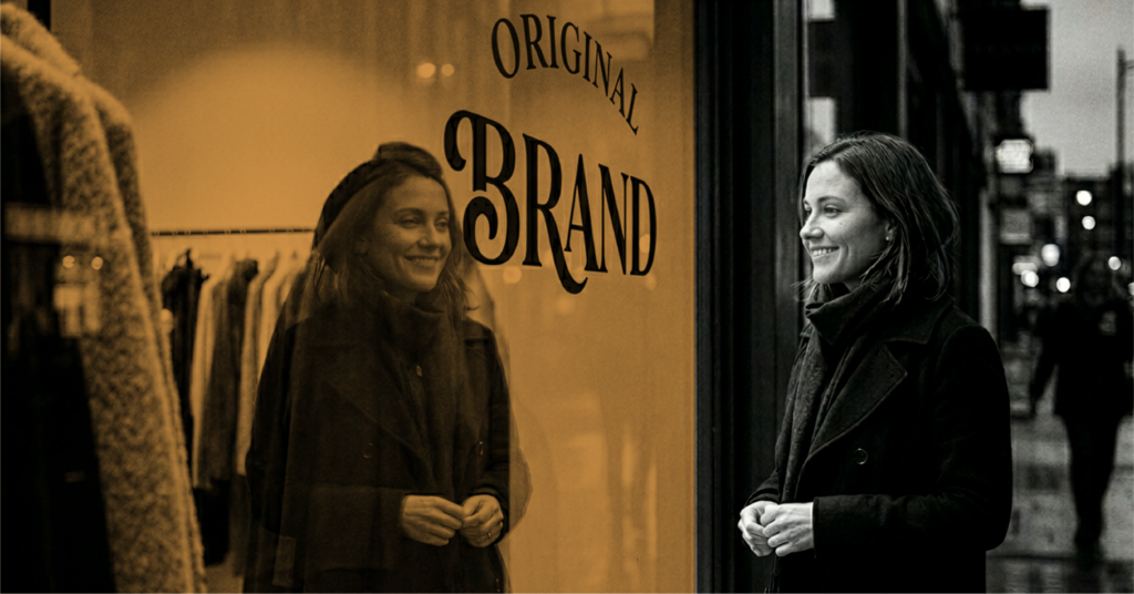 Woman standing outside a shop window with the word “Brand” displayed, representing employer branding, company culture, and attracting the right talent.