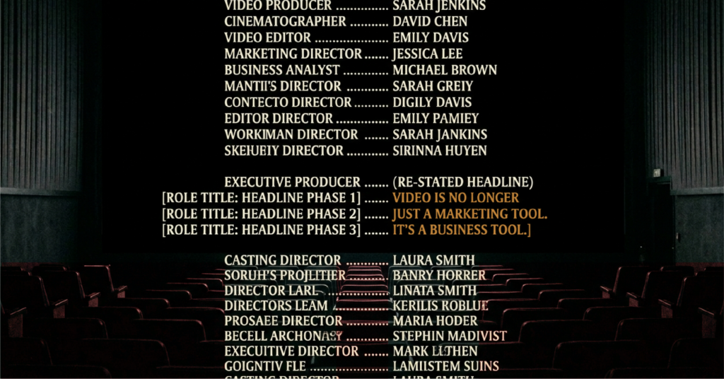 Cinema screen displaying the message “Video is no longer just a marketing tool. It's a business tool”, representing business storytelling, video production, and human connection.