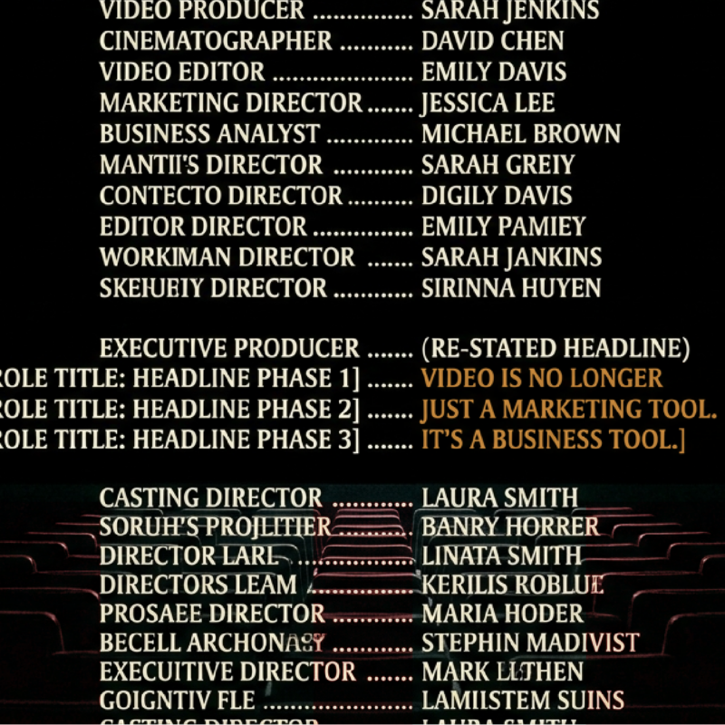 Cinema screen displaying the message “Video is no longer just a marketing tool. It's a business tool”, representing business storytelling, video production, and human connection.