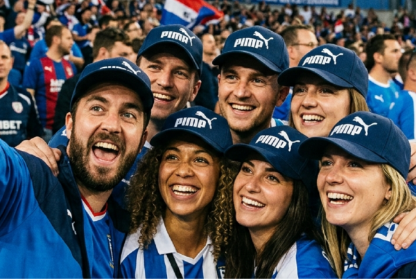 Sports fans wearing branded Puma merchandise gather for a group photo, demonstrating how logos create recognition, community, and emotional connection with a brand.