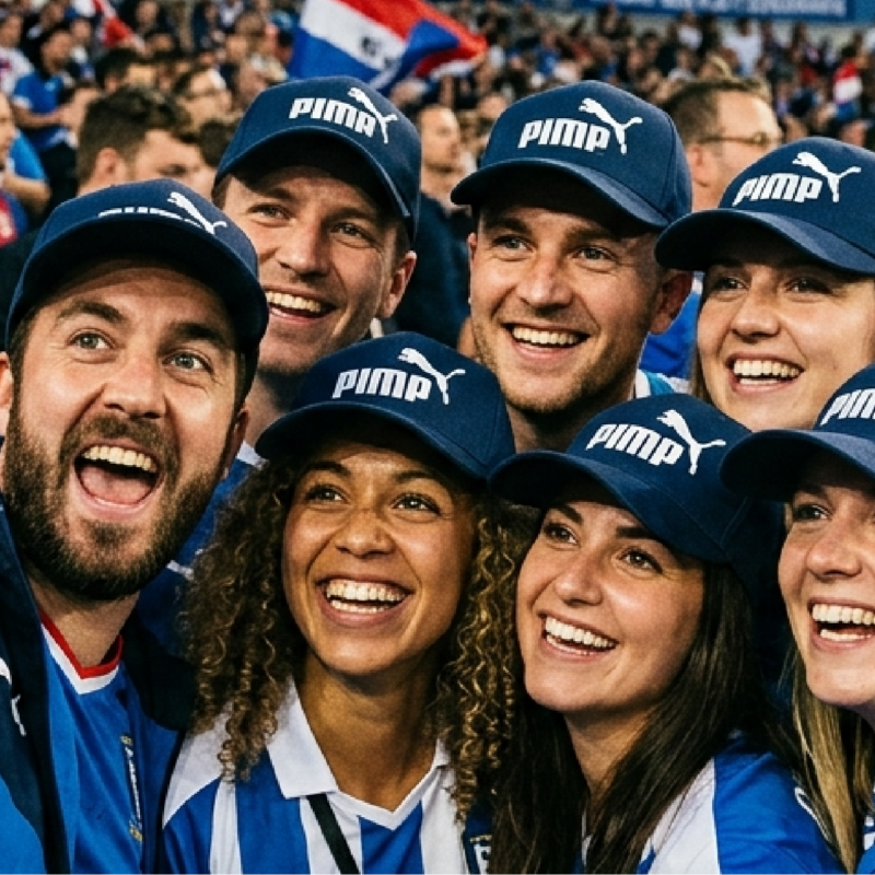 Sports fans wearing branded Puma merchandise gather for a group photo, demonstrating how logos create recognition, community, and emotional connection with a brand.