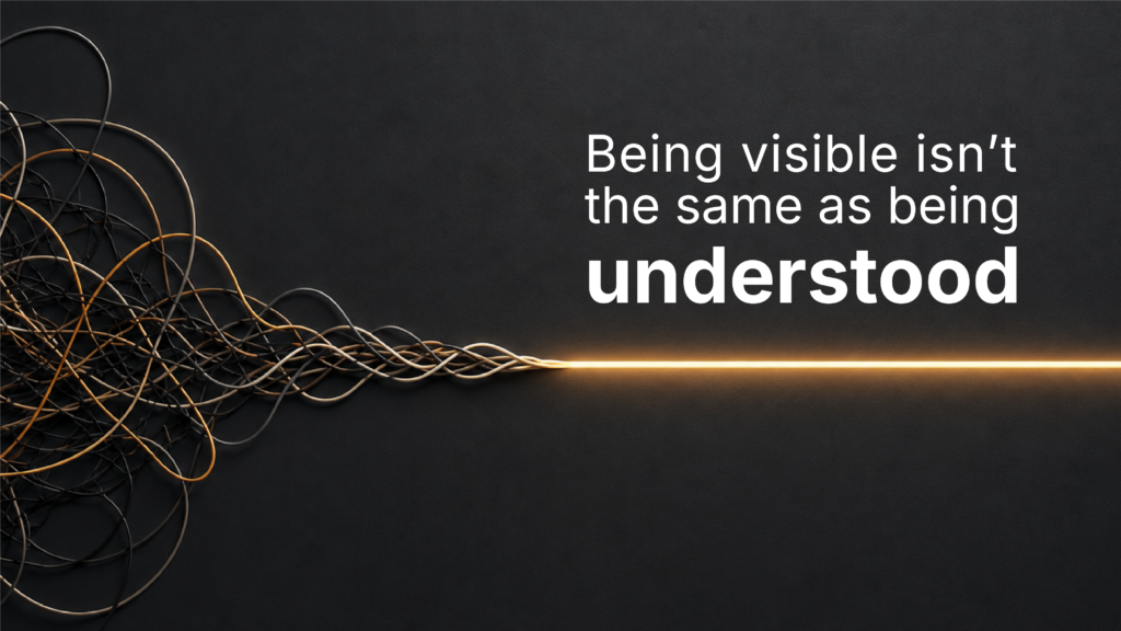 Being visible isn't the same as being understood, illustrated by tangled lines converging into one clear path.